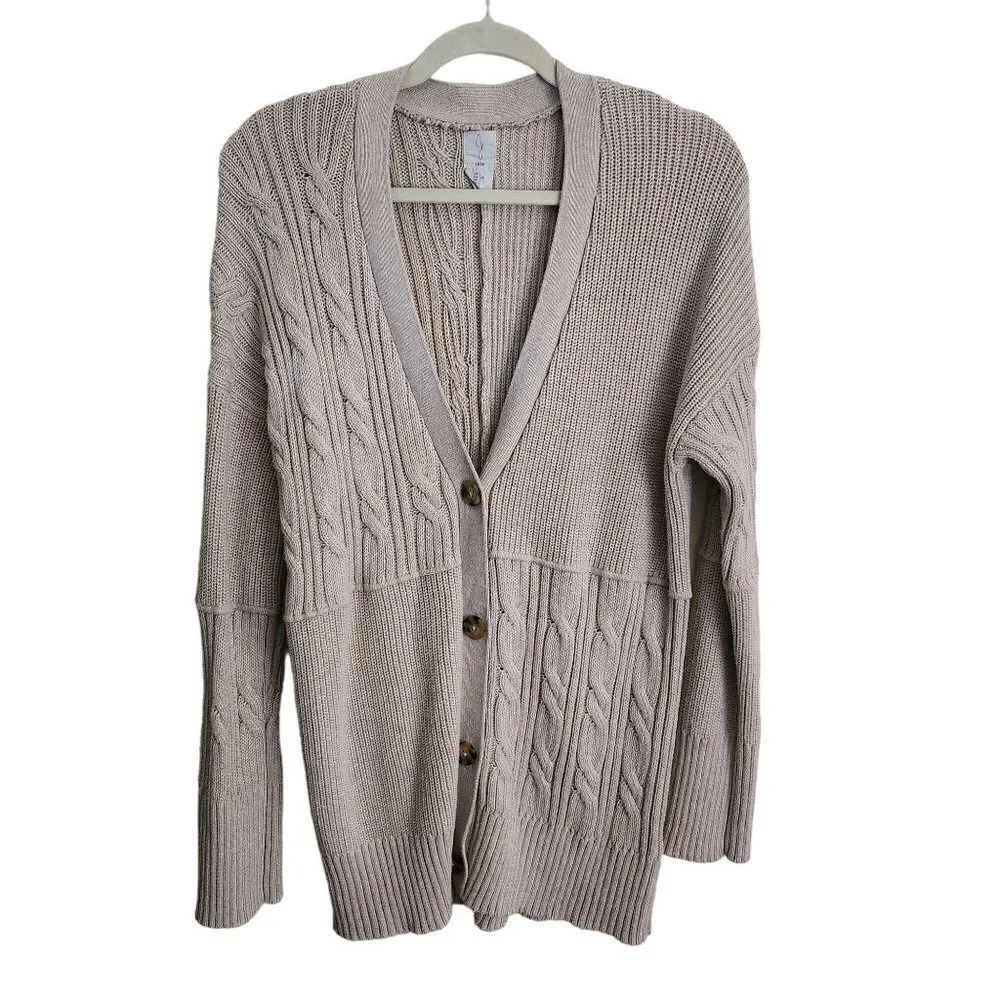 Joie Beige Cable Knit Mixed Knit V Neck Long Line Cardigan Sweater Size L